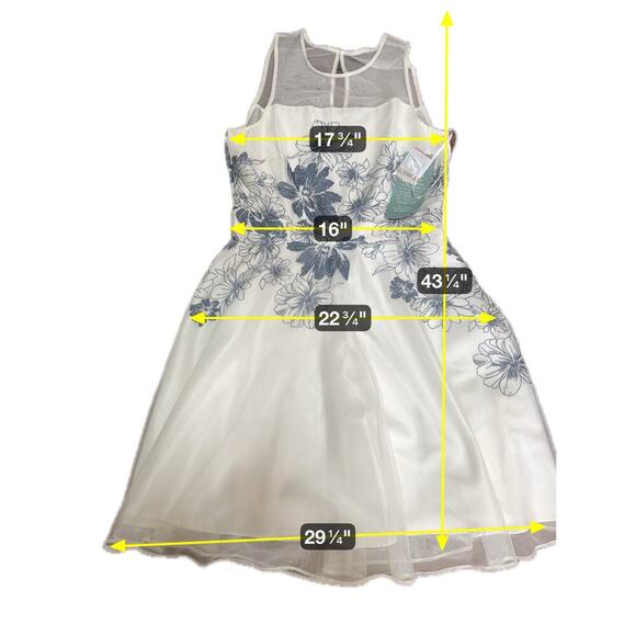 J Taylor white mesh embroidered blue flowers midi fit & flare dress. Size-12 - Picture 7 of 7